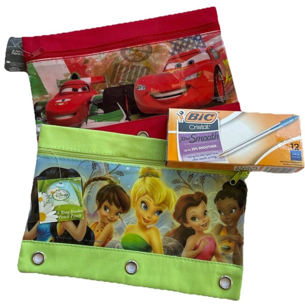 Disney 3 Ring Binder Pencil Pouch Set CARS FAIRIES + Box of Pens